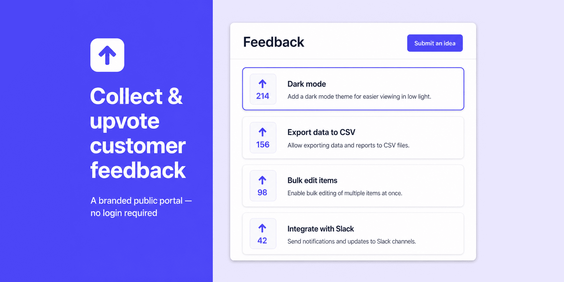Upvotebell public feedback portal with upvoting, powered by a monday.com board