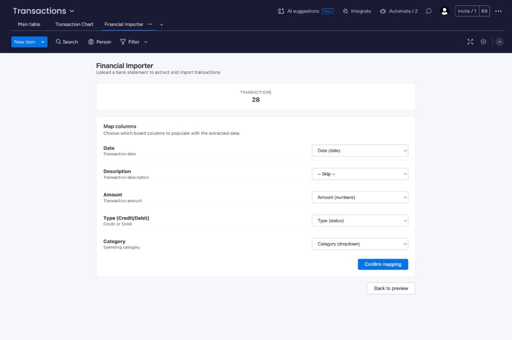 Column mapping interface showing transaction fields matched to monday.com board columns